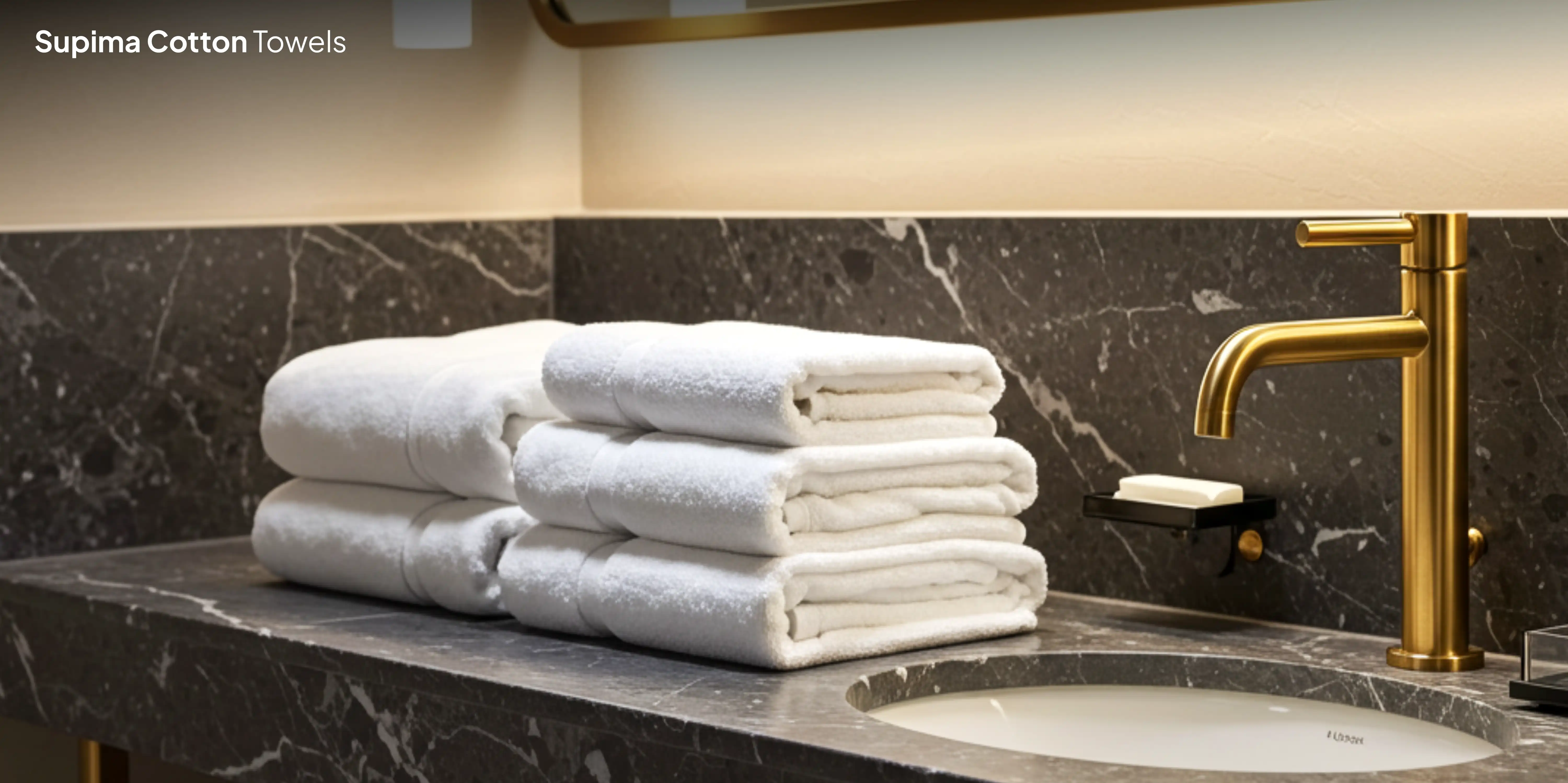 Stack of white Supima towels on marble counter.